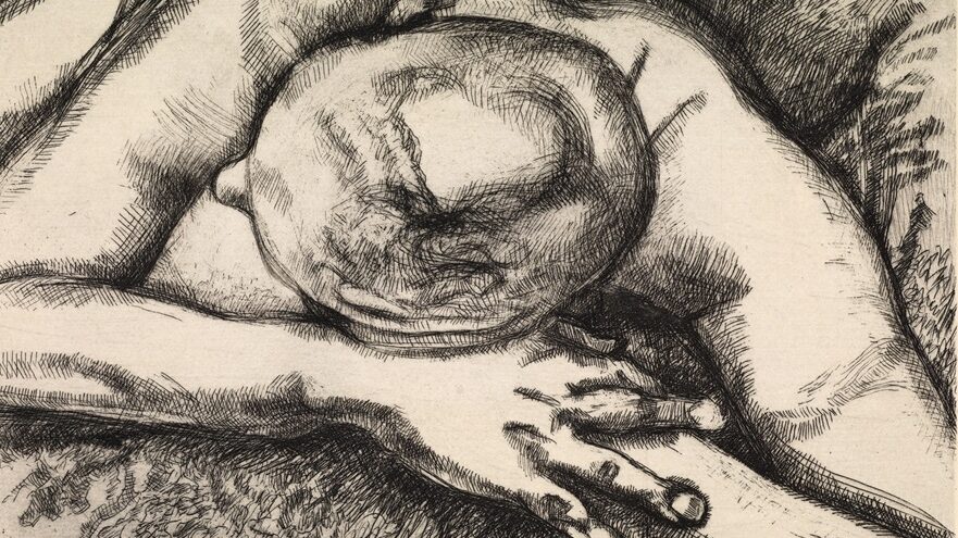 A black and white etching of a reclining figure, showing their head, hands and arms