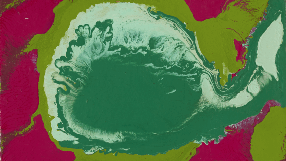 Abstract painting with bold, swirling colours. At the centre is a large irregular green form edged with pale mint and white marbling, resembling a fluid or organic shape. Surrounding it are areas of bright chartreuse green and deep magenta, creating vivid contrasts. The paint has a poured, liquid quality with textured edges and flowing patterns.