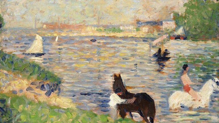 paiting of a river in the countryside with two horses in the water, one black one closer to the river bank and a white one in the waters