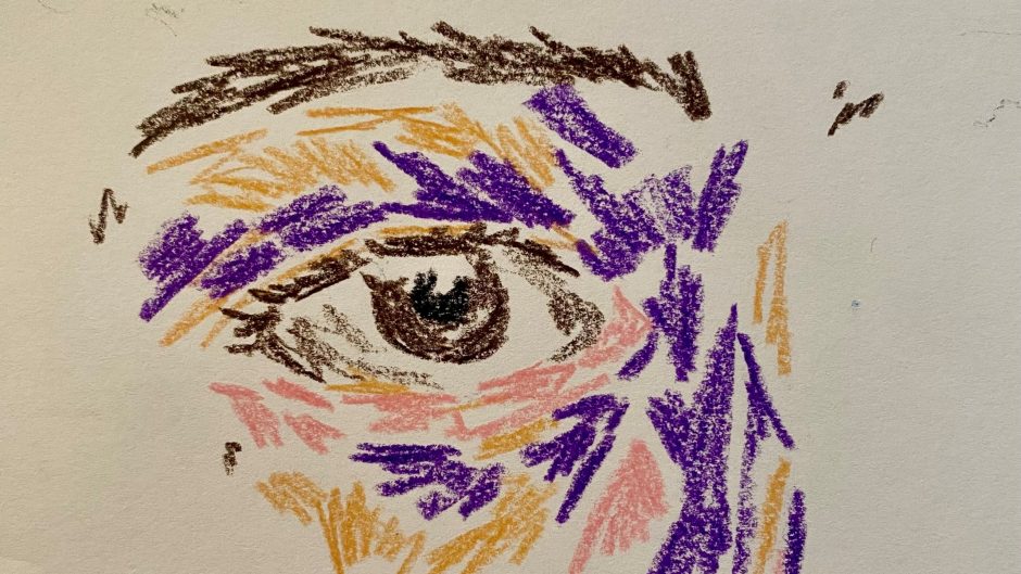 Multiple, colourful pastel strokes which form an eye and nose