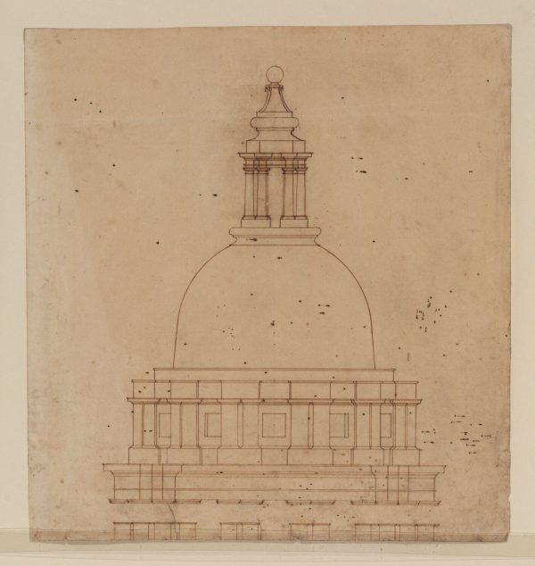 An outline of the top of St Pauls cathedral. A dome like shape. Architectural drawing.