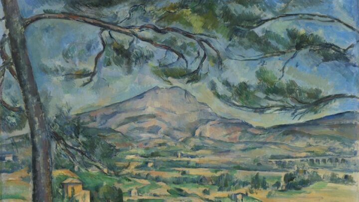 Cezanne painting of mountain with pine tree in the foreground
