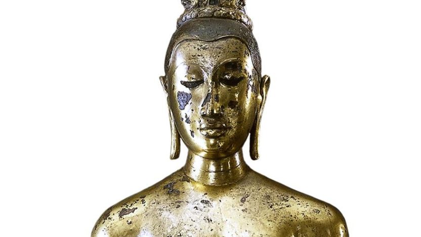 Gilded bronze statue of Tara, the Buddhist goddess of compassion, from Sri Lanka, 9th century. The standing figure wears a tall headdress and long draped skirt, with one hand raised in gesture and the other lowered in offering.