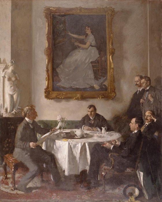 Homage to Manet, William Orpen. Painting of a group of men stood and sat around a table