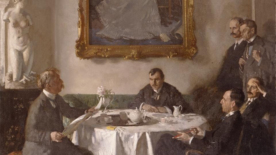 Homage to Manet, William Orpen. Painting of a group of men stood and sat around a table