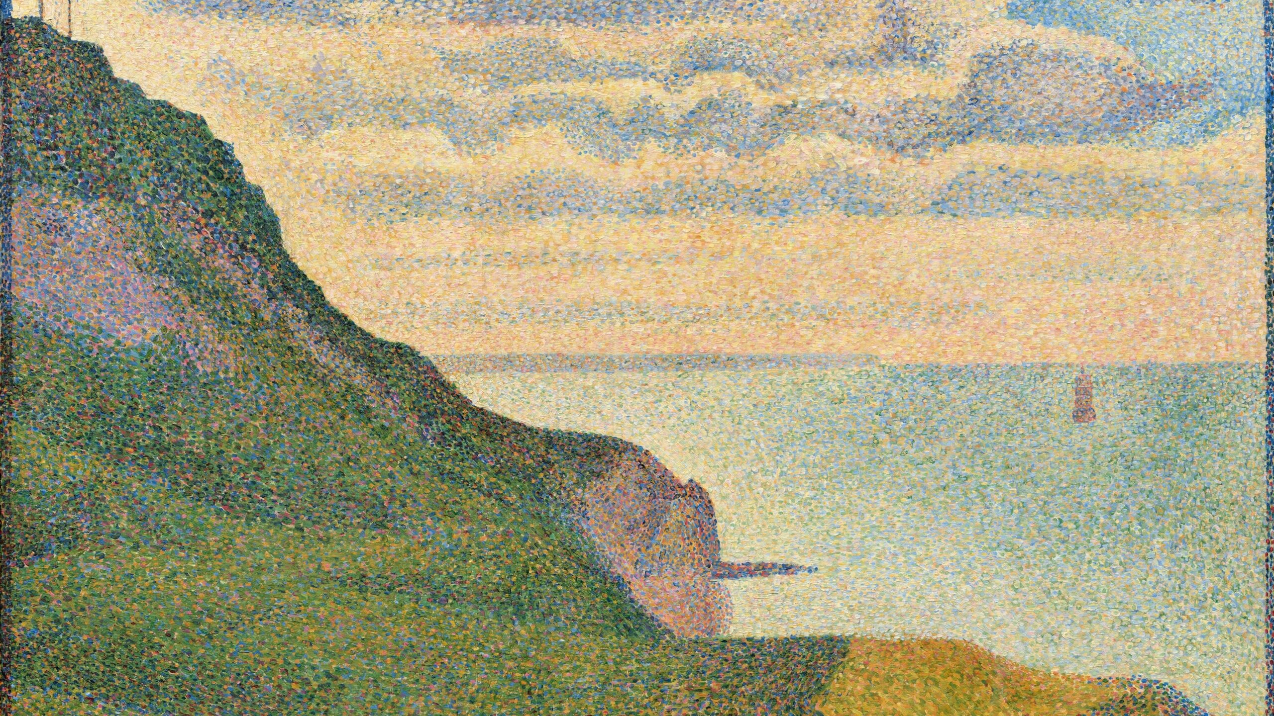 A painting of Seascape at Port-en-Bessin, Normandy, a green cliff overlooking the blue sea with clouds in the sky
