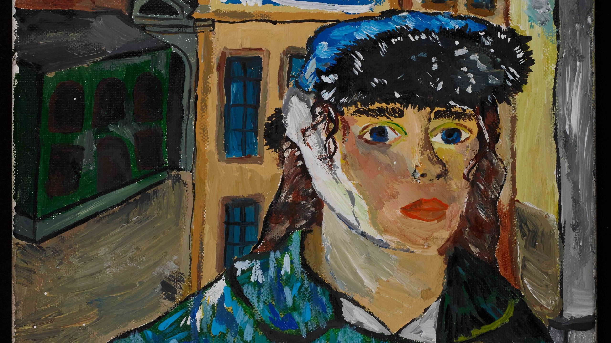 A figure takes up the center of the frame. Looks wrapped in a thick, warm coat. Disjointed buildings behind her.