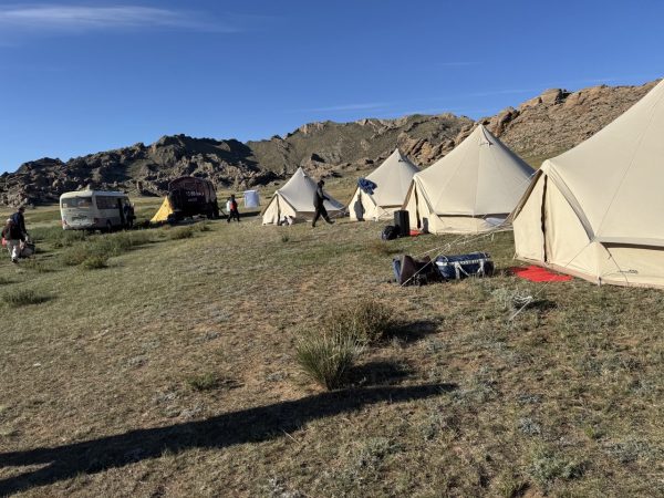 Mongolian landscape with traditional ghers.