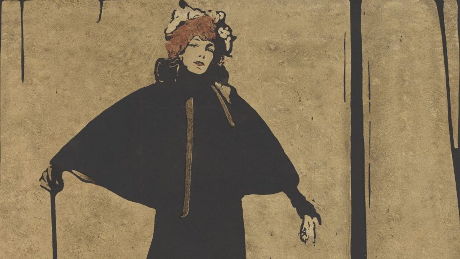 Lithograph of woman in an art deco style with arms outstretched. She is holding a cane and is in an all black dress.