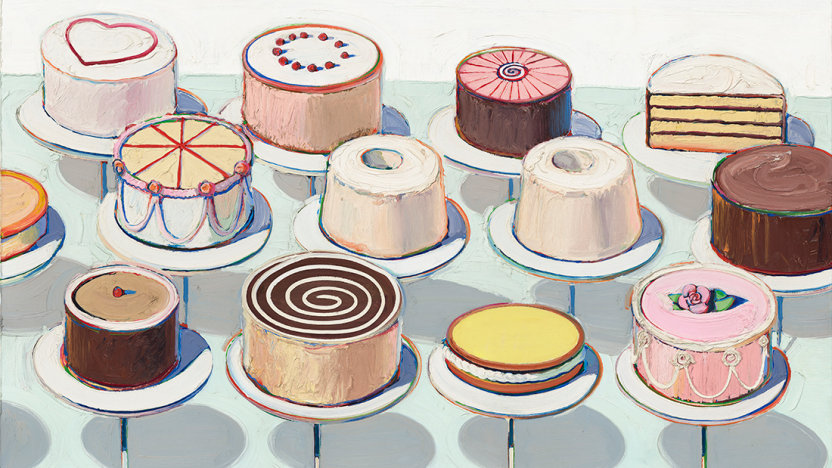 Oil painting by Wayne Thiebaud featuring three rows of circular cakes on a light blue table