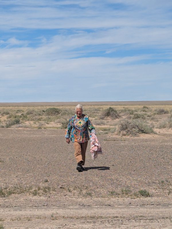 Professor sussan Babbaie walks towards the camera in adesert landcaspe wearing a colourful tunic.
