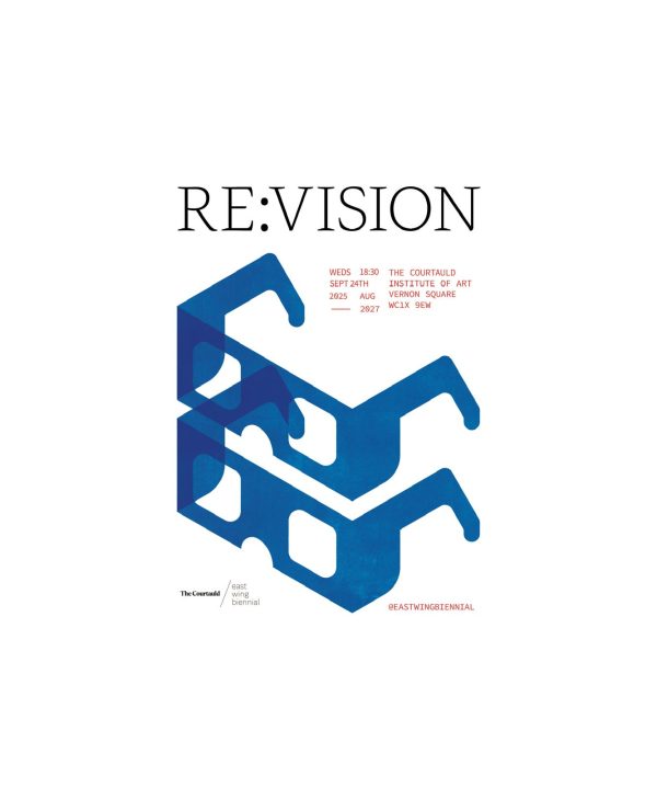 Poster for RE:VISION, with the title and date information above an outline sketch of two pairs of blue frame glasses (they look a little like 3D glasses) stacked on top of each other.