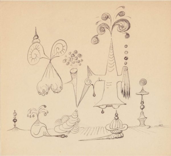 A surrealist drawing on cream paper, featuring sharp, spiral and round shapes, resembling strange creatures or perhaps features of a landscape.
