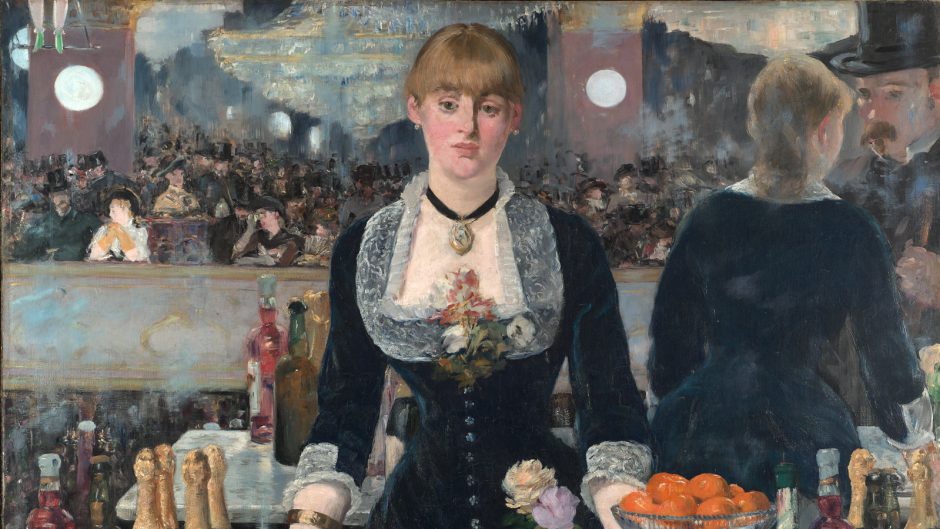 painting of a woman bartender looking straight ahead