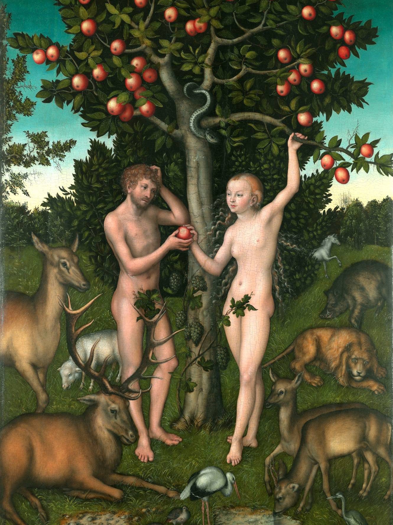 Adam and Eve are depicted at the fateful moment when they disobey God and commit the first sin.