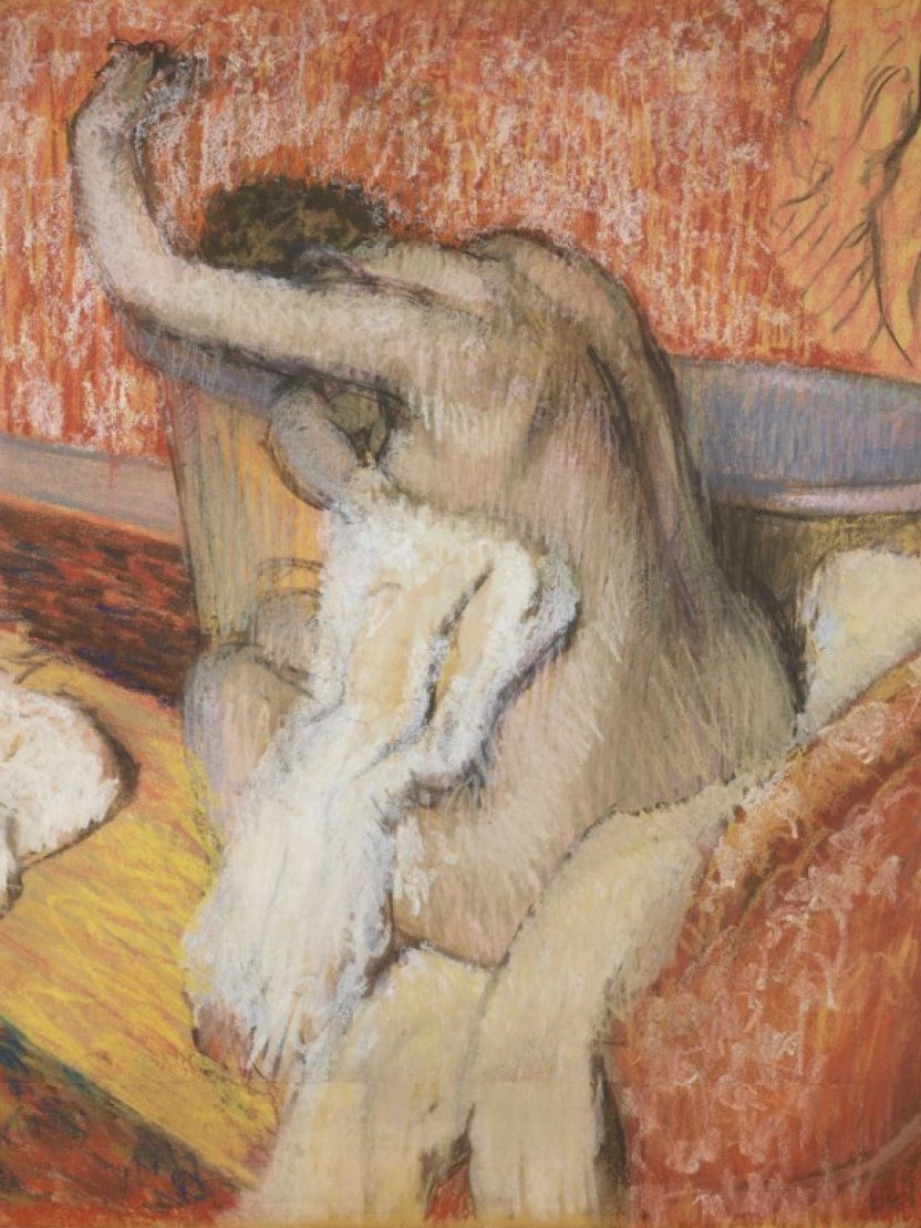 A drawing of a nude woman sitting on a red sofa atop a beige cushion, drying herself with a white towel. Her left arm is raised and her face obscured from the viewer. The background is fully red, and the sketch is an unblended charcoal, creating unusual graphic rhythms.