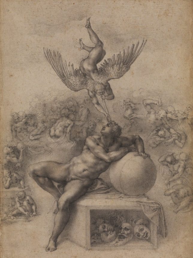 A highly finished drawing showing a winged spirit swooping down, trumpeting a message to a muscular nude youth leaning on a globe. Both are perched on a box containing a pile of masks, and groups of writing bodies blend into the background.