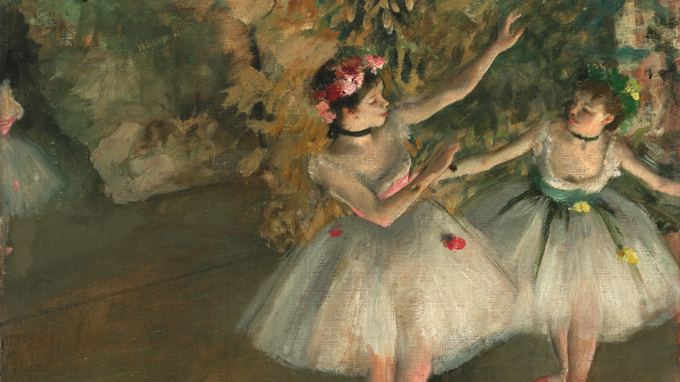 Two girls dance on stage. They wear leotards; one girl bows to the other.