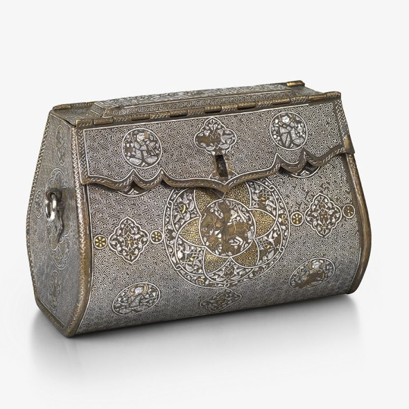 An intricate, oblong-shaped metal bag with front-closure. There are detailed illustrations at regular points across the front, and gold and silver inlays.
