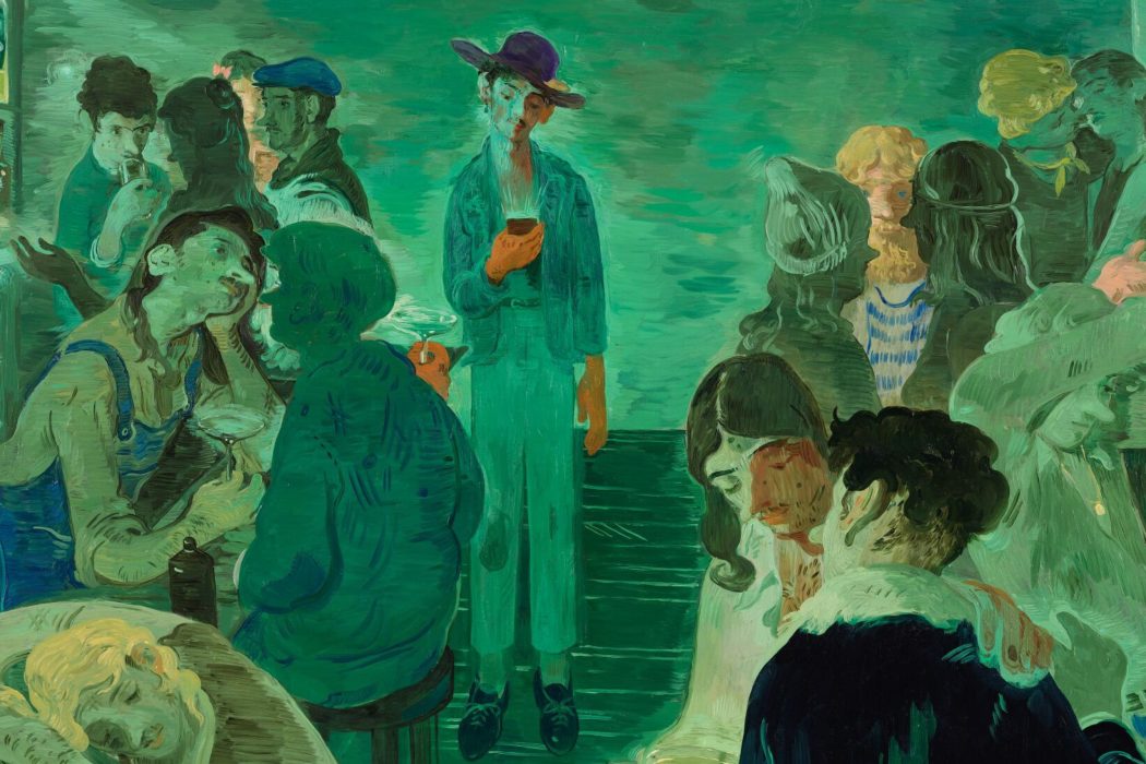 Green toned painting of a bar with figures.