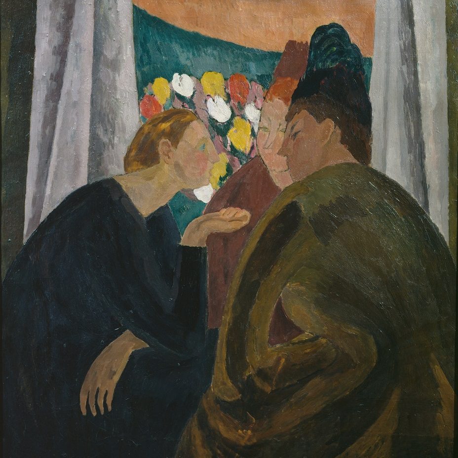 A painting of three women in conversation. The woman on the left leans into the other two in earnest discussion. They sit in front of an open window with a bouquet of flowers visible.