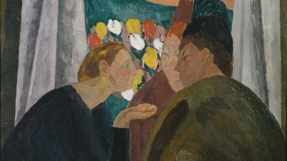 A painting of three women in conversation. The woman on the left leans into the other two in earnest discussion. They sit in front of an open window with a bouquet of flowers visible.