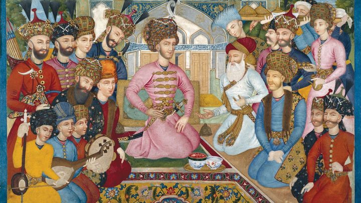 Attributed to Abu'l Hasan Ghaffari Mustawfi Kashani, Shah Abbas II and the Mughal Ambassador, c.1780–94. Opaque watercolor and gold on paper, pasted on blue cardboard. Aga Khan Museum AKM 00153.