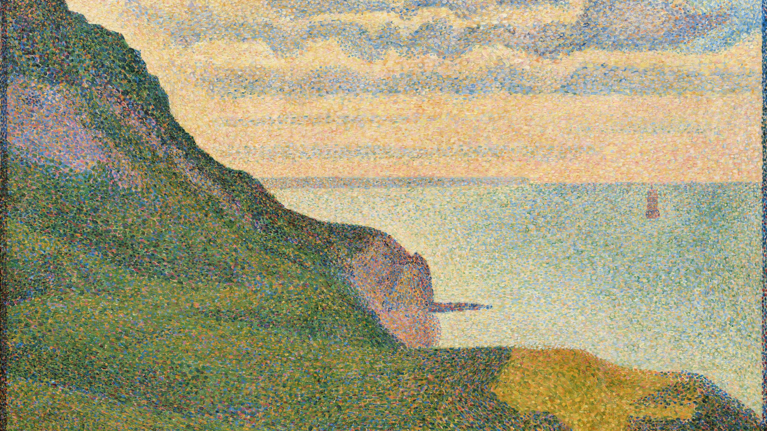 A painting of Seascape at Port-en-Bessin, Normandy, a green cliff overlooking the blue sea with clouds in the sky