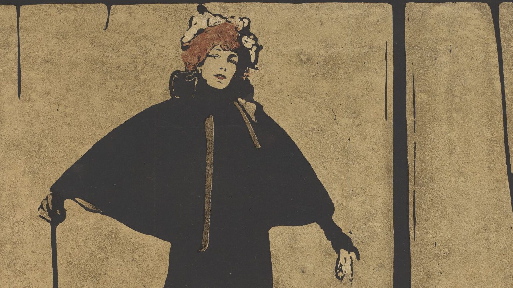 Lithograph of woman in an art deco style with arms outstretched. She is holding a cane and is in an all black dress.