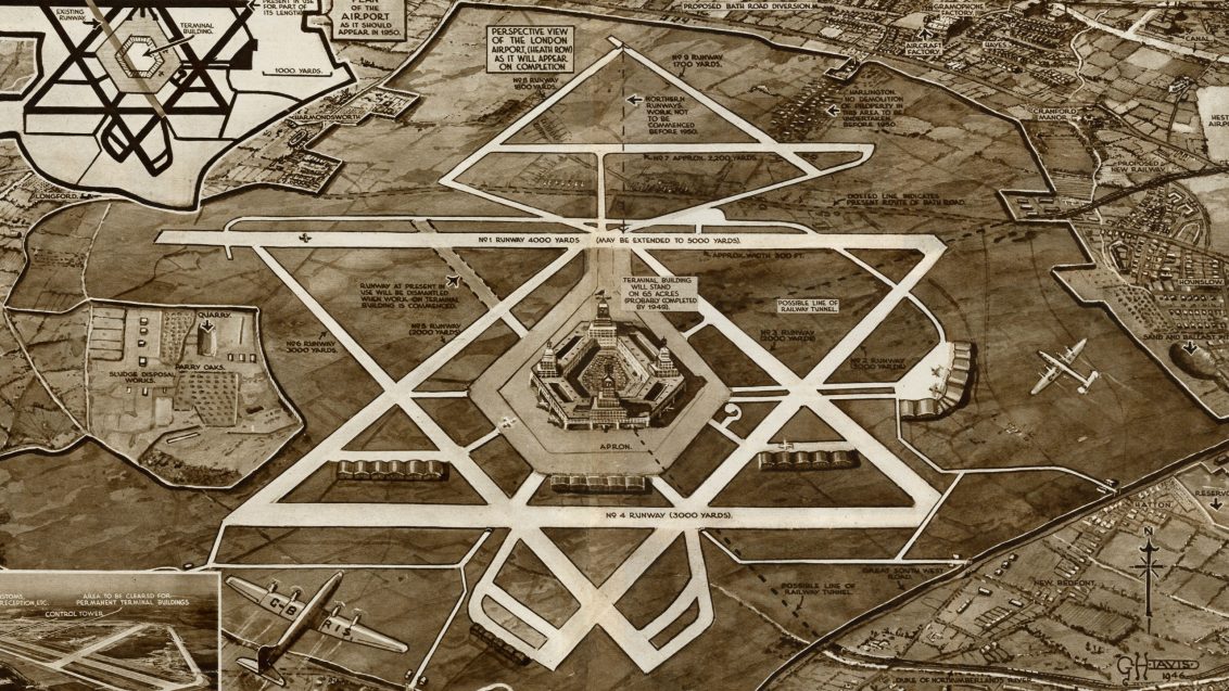Sepia coloured plan for an airport, with runways creating multiple triangles surrounding the central building