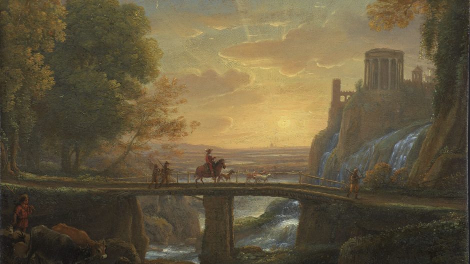 Painting of a landscape with figures on horseback passing over a bridge at sunset.