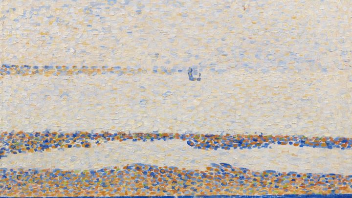 Pointillist seaside scene showing the Beach at Gravelines, with small figures scattered along the sandy shore, calm water, and a pale sky, rendered in delicate dots of blue, beige, and muted tones, capturing soft evening light.