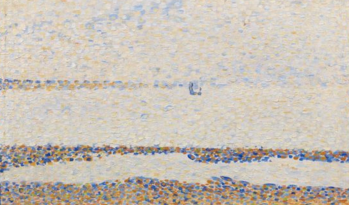 An oil painting by Seurat in his classic pointillism style of a beach with a large stretch of water and sky in the distance.