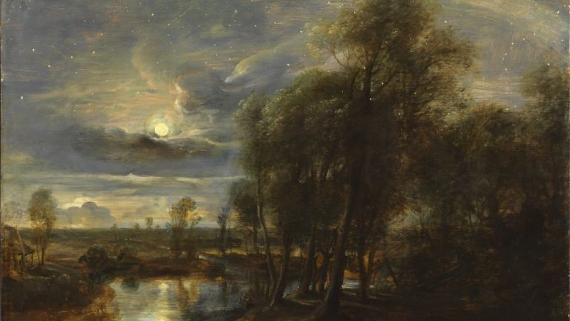 Oil painting by Peter Paul Rubens depicting a riverside landscape by moonlight. The sky is very richly textured, and painted in dark blue tones. The moon lights the scene, and in the foreground you can spot a horse grazing by the riverside.
