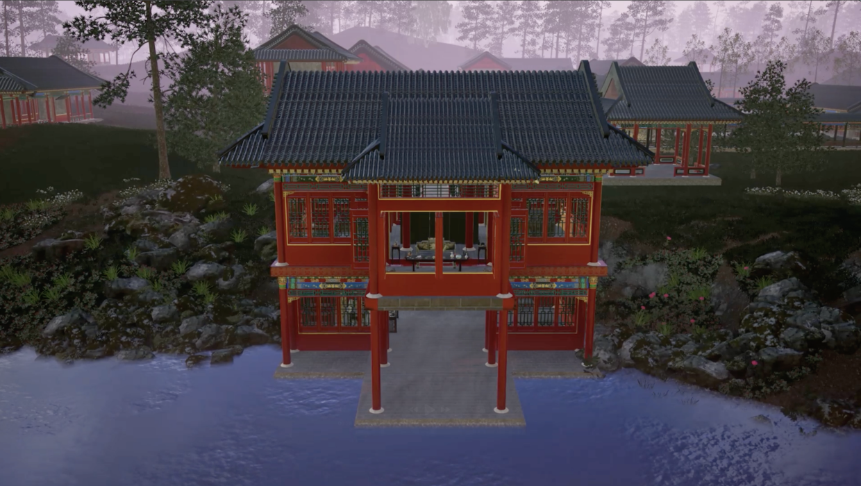 computer genrated image of a traditional chinese red building set over water with greenery behind.