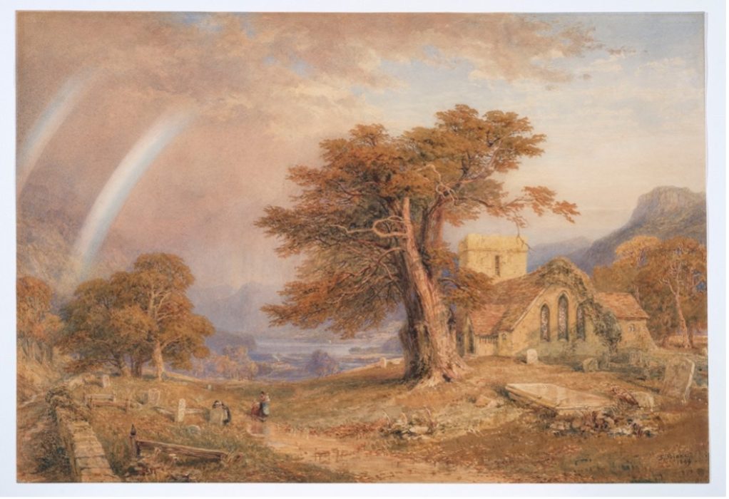 Pastoral painting of church and large tree, with a rainbow in the sky