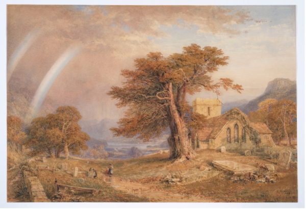 Pastoral painting of church and large tree, with a rainbow in the sky