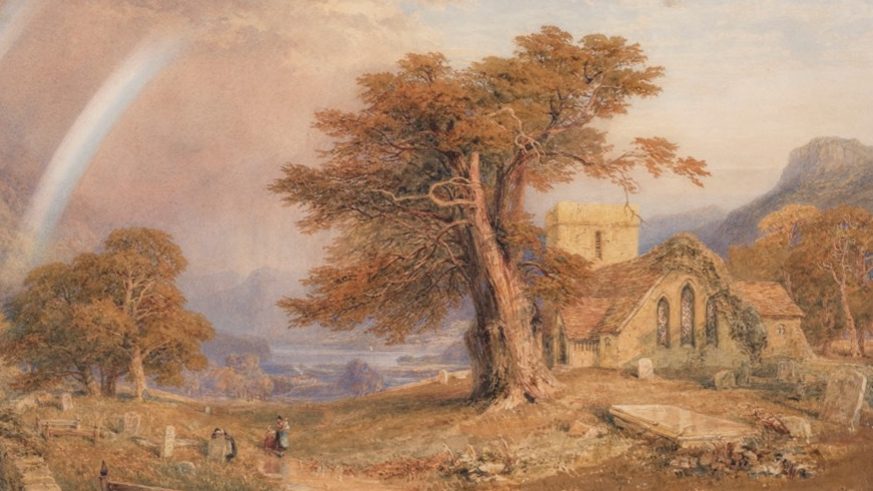 Pastoral painting of church and large tree, with a rainbow in the sky