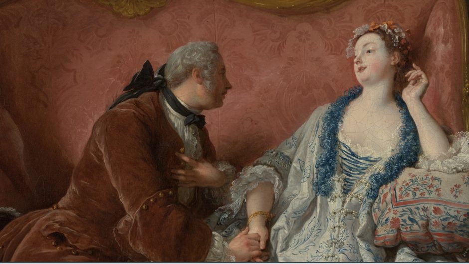 A nobleman kneels next to a woman in a blue dress holding her hand.