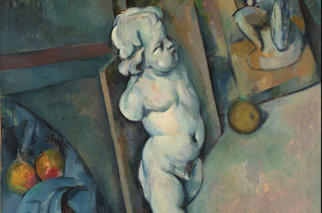 A painting of a cupid statue with onions and apples at its base.