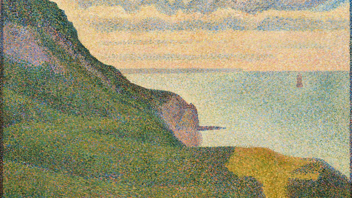 A painting of Seascape at Port-en-Bessin, Normandy, a green cliff overlooking the blue sea with clouds in the sky