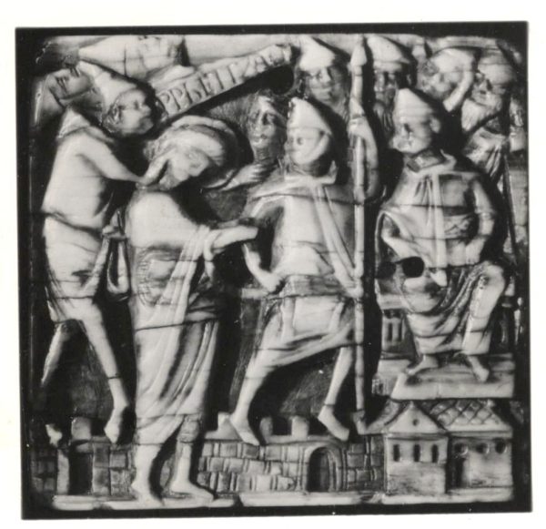 Pilate plaque, here identified as a repair to the (lost) lower terminal of the Cloisters Cross, here dated ca. 1200, walrus ivory. The Cloisters Collection, The Metropolitan Museum of Art, New York, Acc. No. 63.127. Artwork in the public domain; photograph provided by Florens Deuchler and modified by the author