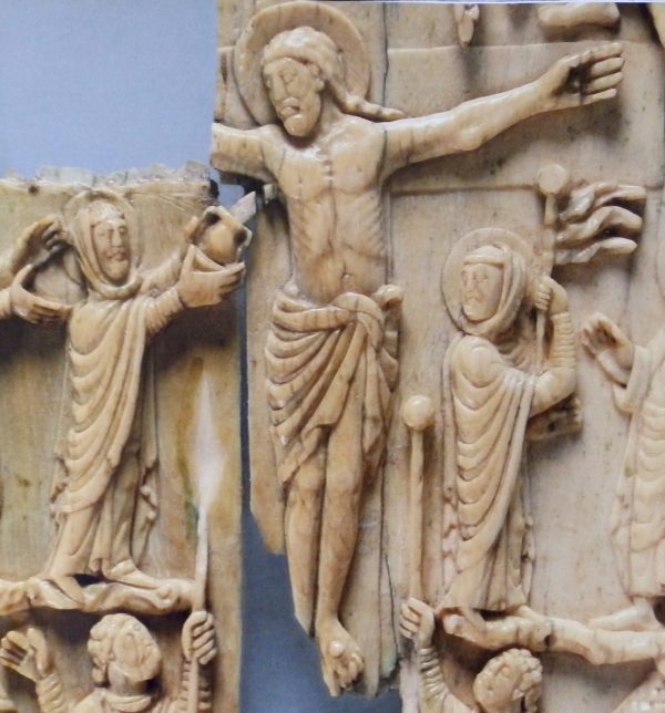 Crucifixion plaque, detail of Christ on the Cross, Metz, ca. 860, elephant ivory. Victoria and Albert Museum, London, Inv. No. 251-1867. Artwork in the public domain, courtesy of the Victoria and Albert Museum