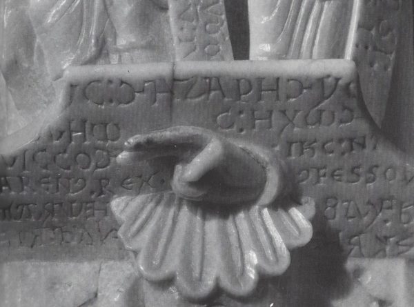 Titulus board, Cloisters Cross, here dated ca. 1188, walrus ivory. The Cloisters Collection, The Metropolitan Museum of Art, New York, Acc. No. 63.12. Artwork in the public domain; photograph provided by Florens Deuchler and modified by the author