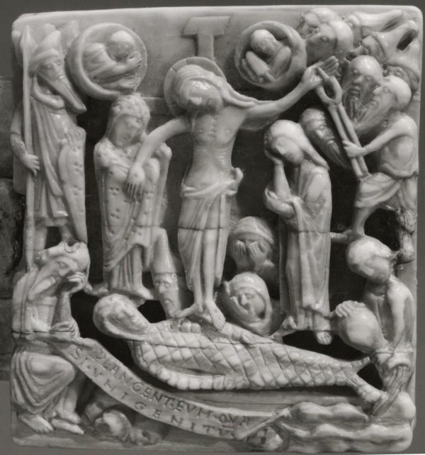 Deposition plaque, Cloisters Cross, here dated ca. 1188, walrus ivory. The Cloisters Collection, The Metropolitan Museum of Art, New York, Acc. No. 63.12. Artwork in the public domain; photograph provided by Florens Deuchler and modified by the author