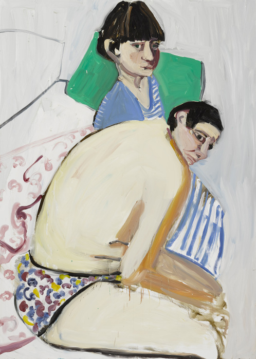 painting of a seated man and woman on a bed, the man is bare chested with colourful pants on the womna in in a blue striped dress. they stare awkwardly into the distance.