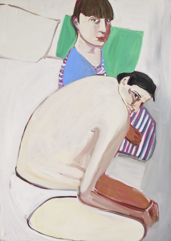 painting of a seated man and woman on a bed, the man is bare chested wearing white underpants. The woman is in a blue striped dress. They stare awkwardly into the distance.
