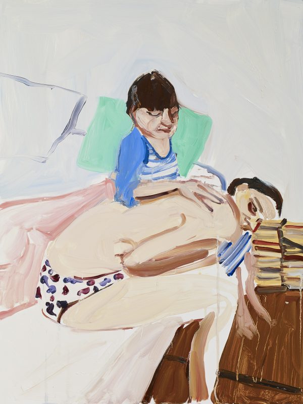 painting of a seated man and woman on a bed, the man is bare chested and leans forwards wearing colourful pants. The woman is in a blue striped dress and touches his back. They stare awkwardly into the distance.