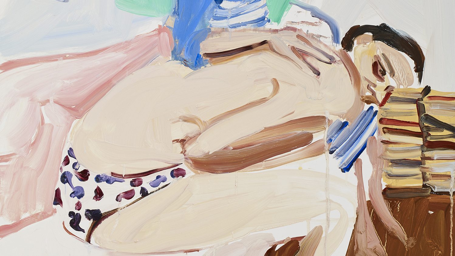 painting of a seated man and woman on a bed, the man is bare chested and leans forwards wearing colourful pants. The woman is in a blue striped dress and touches his back. They stare awkwardly into the distance.