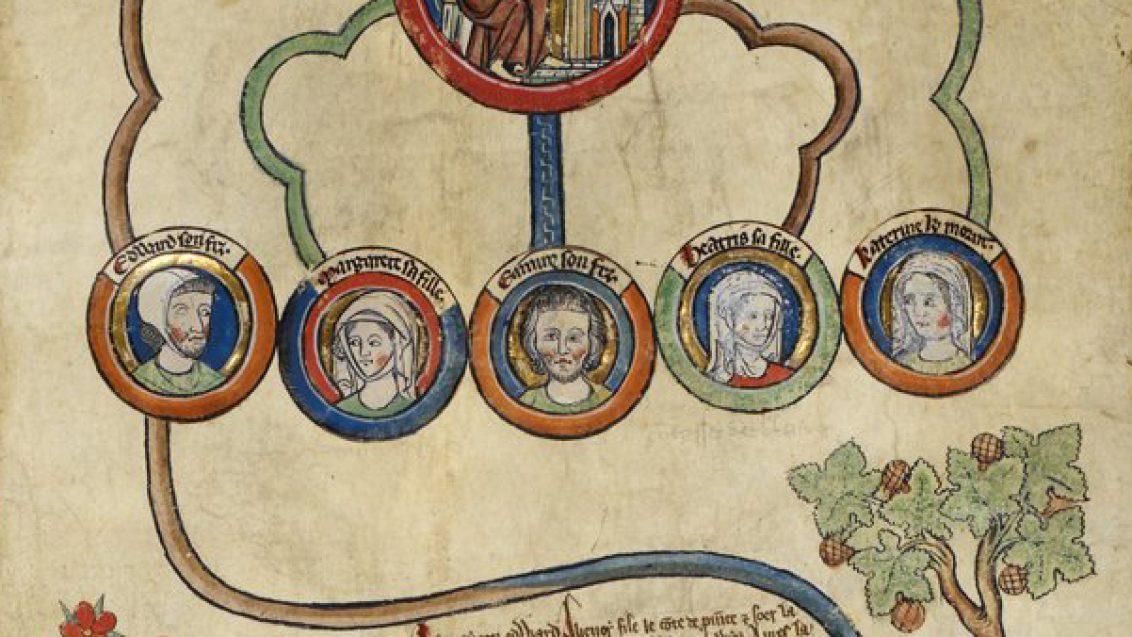 A medieval manuscript illustration showing a genealogical diagram. At the top, a crowned figure sits enthroned within a circular frame, from which decorative lines extend downward to five individual roundels, each containing a painted portrait with a coloured border. Below, the branching line continues to a larger roundel depicting another seated crowned figure. The background parchment includes handwritten Latin text, stylised flowering plants, and two trees flanking the lower section of the page. The artwork features rich reds, blues and golds typical of illuminated manuscripts.